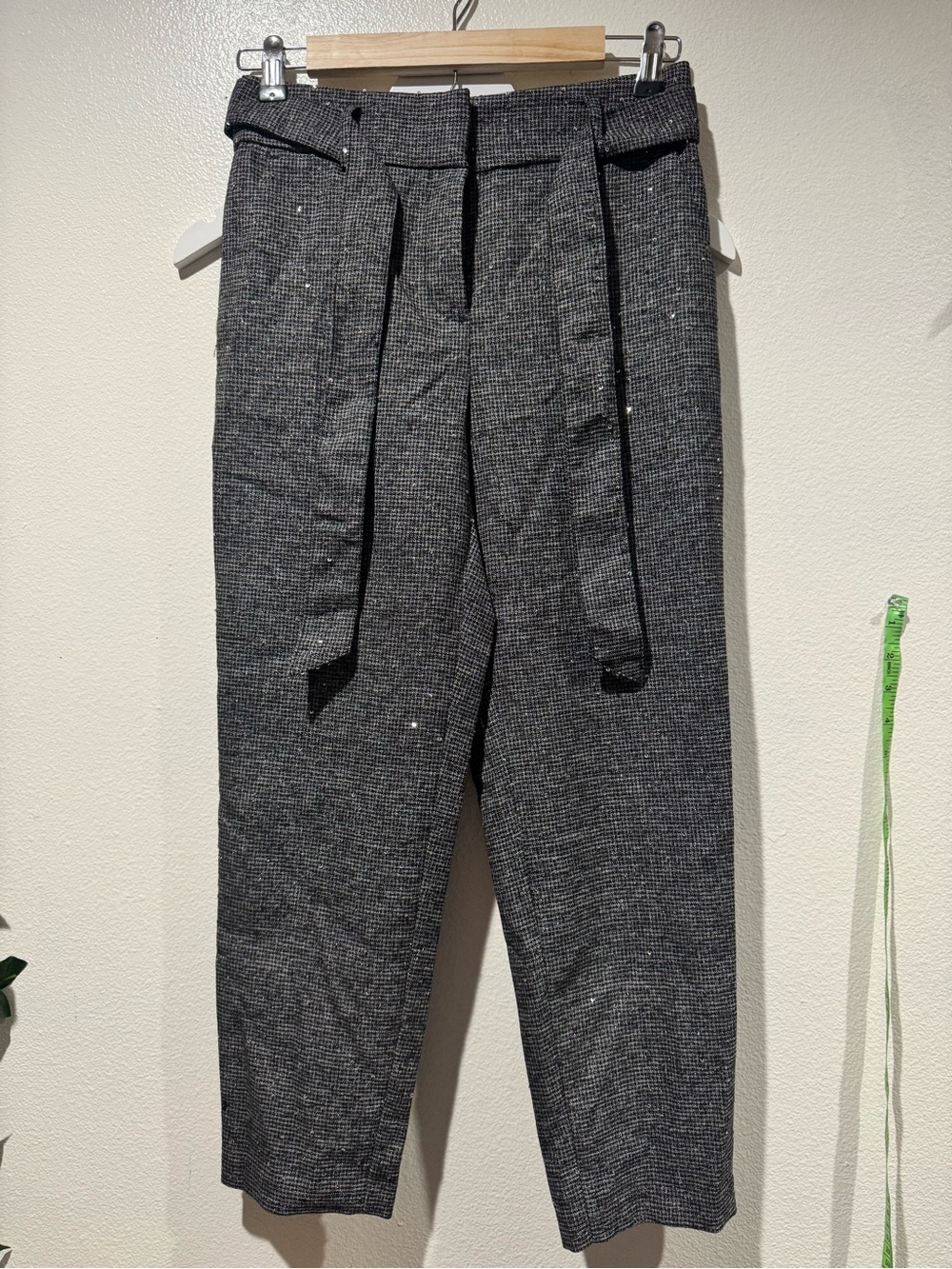Loft Gray Tweed with Sequins Pleated Dress Pants with Waist Tie